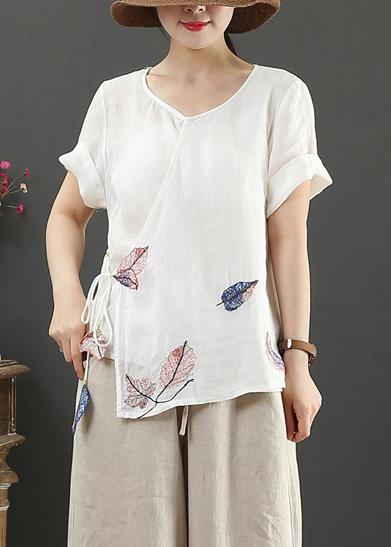 O Neck Short Sleeve Linen Blouses for Tutorials White Print Blouses
