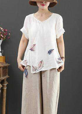 O Neck Short Sleeve Linen Blouses for Tutorials White Print Blouses