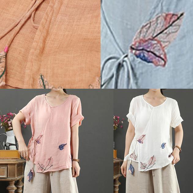 O Neck Short Sleeve Linen Blouses for Tutorials White Print Blouses
