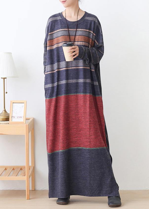 O Neck Side Open Cotton Outfit Inspiration Red Striped Art Dresses