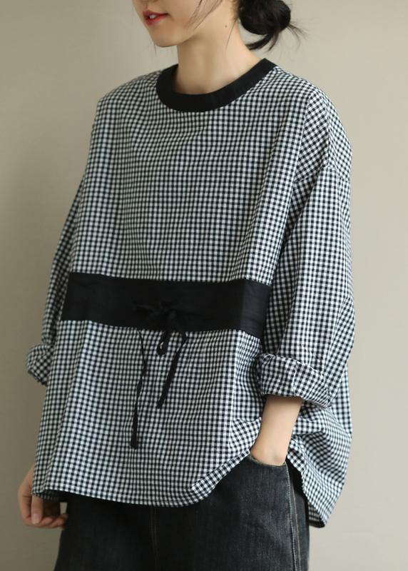 Elegant o neck tie waist fall Blouse Wardrobes black plaid shirt