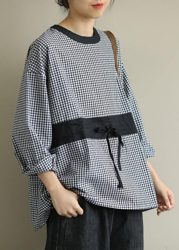 O Neck Tie Waist Fall Blouse Wardrobes Black Plaid Shirt