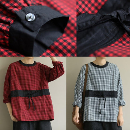 Elegant o neck tie waist fall Blouse Wardrobes black plaid shirt