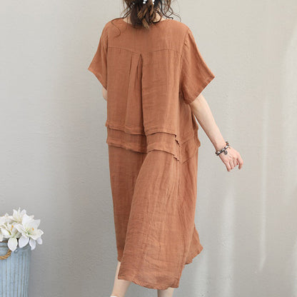 Orange Khaki Linen Shift Dresses Oversized Linen Cotton Dress O Neck Patchwork Cotton Dresses