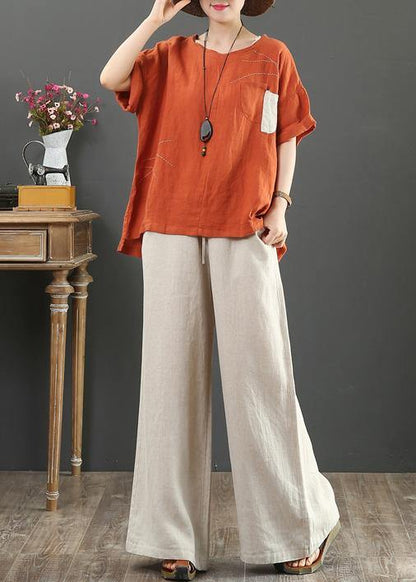 Orange Linen Shirts O Neck Pockets Clothing Summer Top