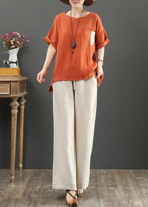 Orange Linen Shirts O Neck Pockets Clothing Summer Top