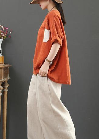 Orange Linen Shirts O Neck Pockets Clothing Summer Top