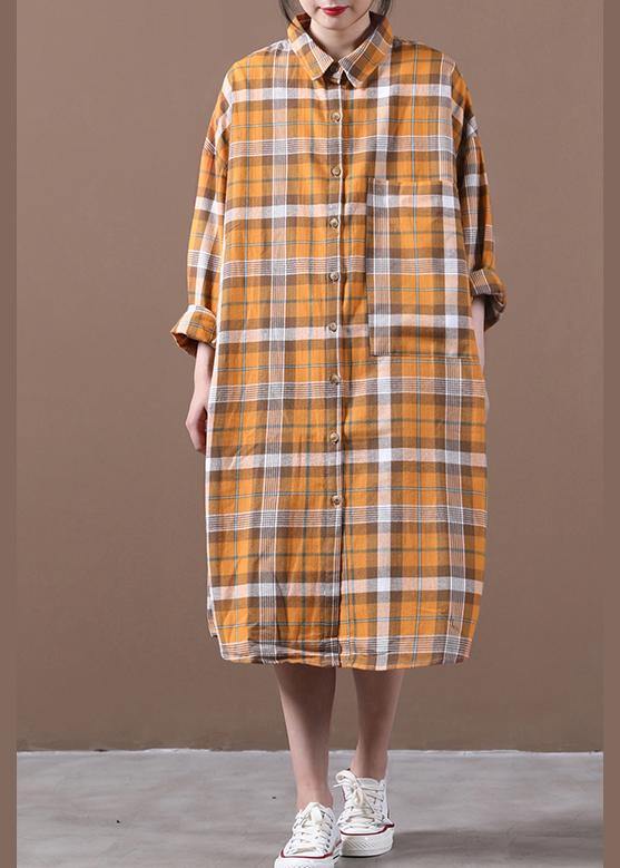 Orange Plaid Robes Lapel Cinched Loose Spring Dress