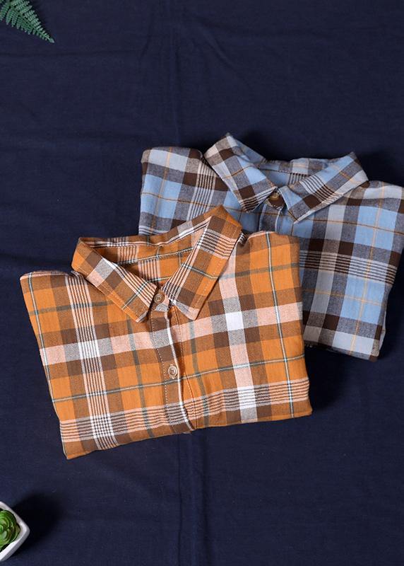 Orange Plaid Robes Lapel Cinched Loose Spring Dress