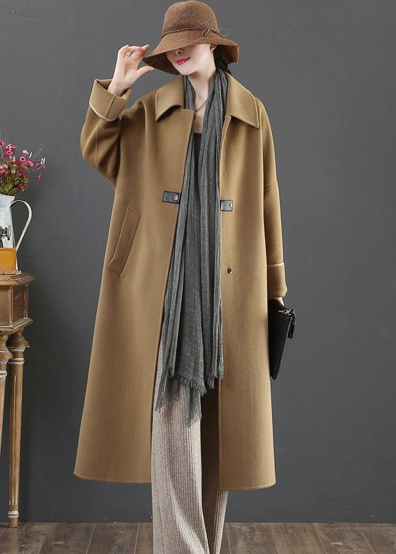 Oversize Coats Winter Woolen Outwear Brown Lapel Pockets Wool Coat for Woman