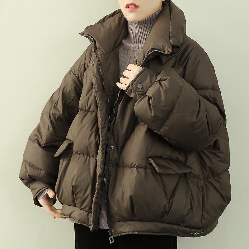 Oversize Snow Jackets Winter Outwear Chocolate Stand Collar Zippered Down Coat