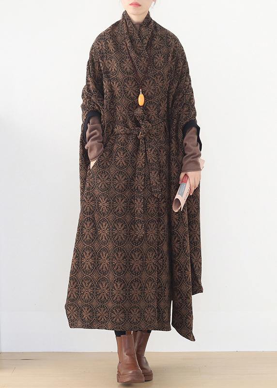 Oversized Mid-length Coats Winter Brown Batwing Sleeve V Neck Woolen Outwear