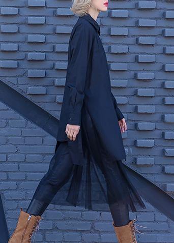 Patchwork Tulle Cotton Tunic Pattern Sewing Black Loose Dress Lapel