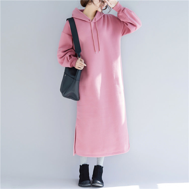 Pink Spring Dresses Hooded Traveling Clothing Side Open Drawstring Long Dress