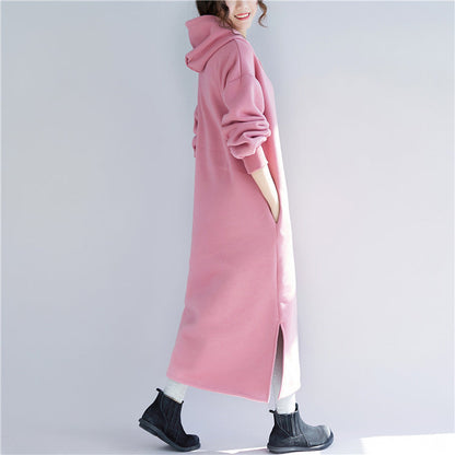 Pink Spring Dresses Hooded Traveling Clothing Side Open Drawstring Long Dress
