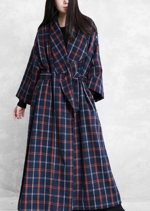 Coats Blue Plaid Notched Tie Waist Wool Coat for Woman
