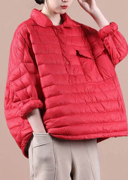 Down Jacket Overcoat Red Lapel Pockets Goose Down Coat
