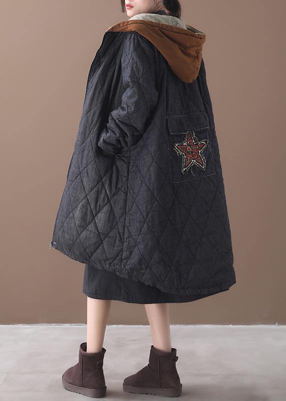 Warm Winter Coat Hooded Winter Outwear Black Embroidery Outfit