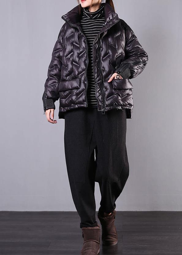 Winter Jacket Overcoat Black Stand Collar Zippered Winter Outwear