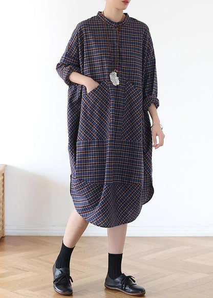 Pockets Fall Clothes Blue Purple Plaid Loose Dresses