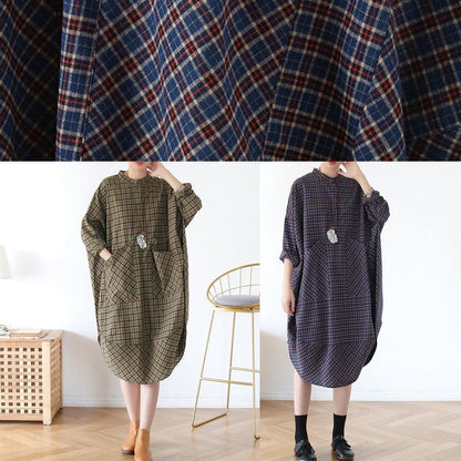 Pockets Fall Clothes Blue Purple Plaid Loose Dresses