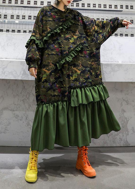 Prints Patchwork Cotton Dresses Ruffles Cotton Robes Fall Dress