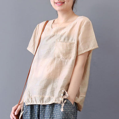 Pure Cotton Blended Tops Short Sleeve Color High-low Hem Blouse