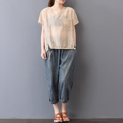 Pure Cotton Blended Tops Short Sleeve Color High-low Hem Blouse