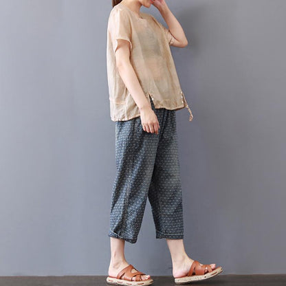 Pure Cotton Blended Tops Short Sleeve Color High-low Hem Blouse