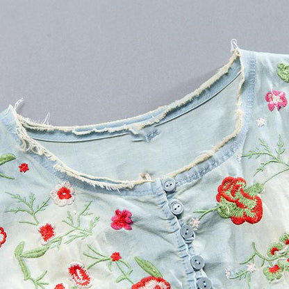 Pure Cotton Blouse Embroidery Summer Short Sleeve Loose Denim Tops