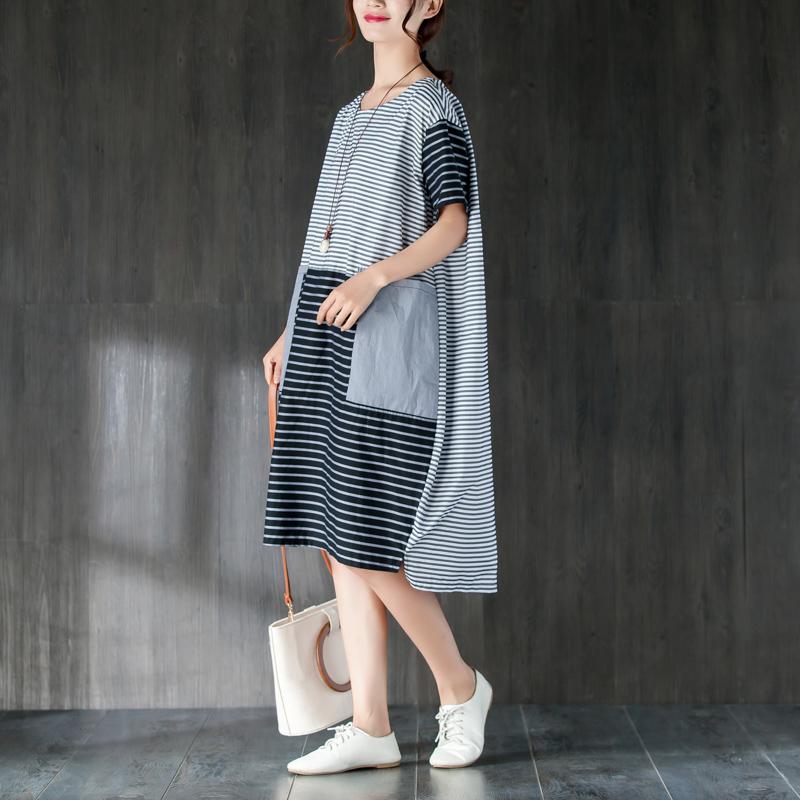 Pure Cotton Dresses Oversized Large Pockets Stripe Cotton Thin Summer Dress