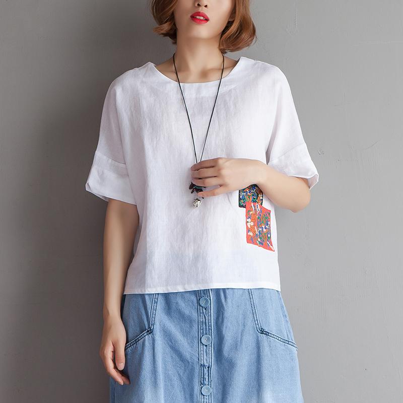 Pure Cotton Linen Tops Embroidery High-low Hem Summer Short Sleeve White Blouse