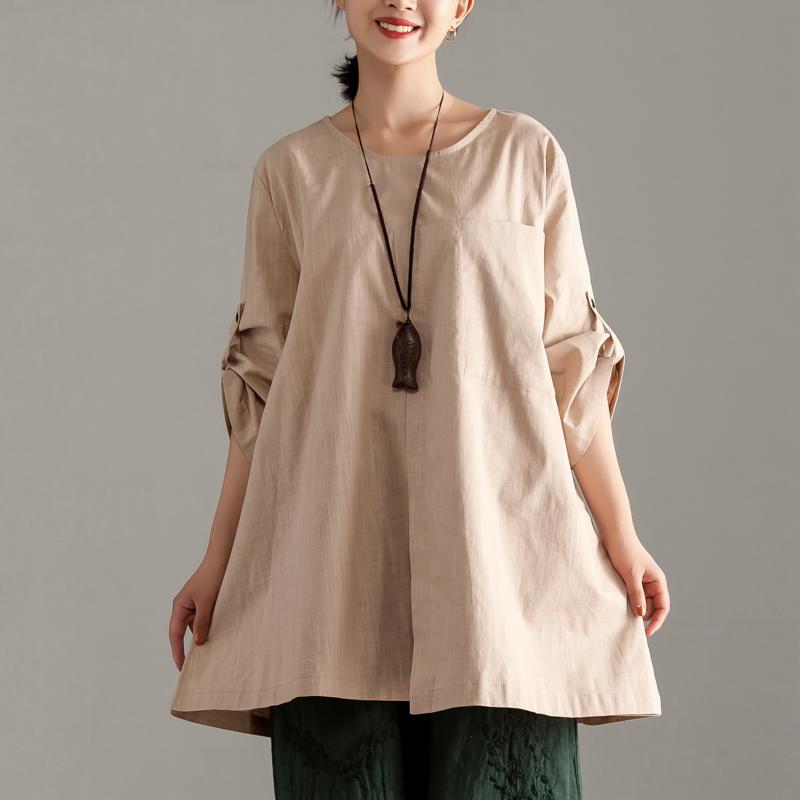 Pure Cotton Tops Oversize Short Sleeve Khaki Pocket Long Tops