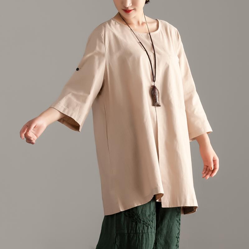 Pure Cotton Tops Oversize Short Sleeve Khaki Pocket Long Tops