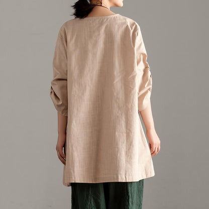 Pure Cotton Tops Oversize Short Sleeve Khaki Pocket Long Tops