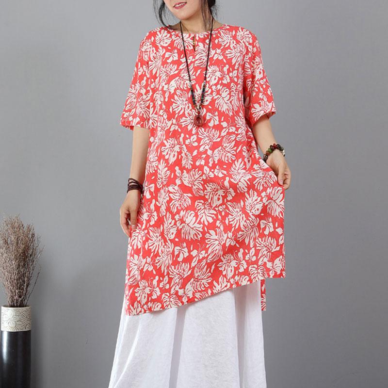 Pure Cotton Blend Tops Printed Cotton Blend Split Orange Red Tops