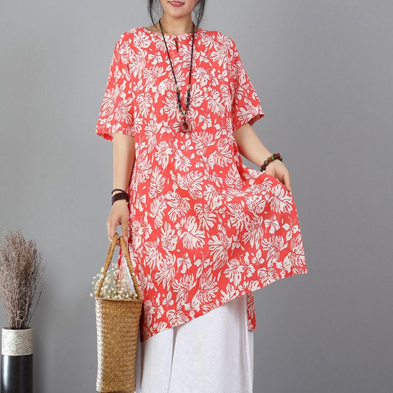 Pure Cotton Blend Tops Printed Cotton Blend Split Orange Red Tops