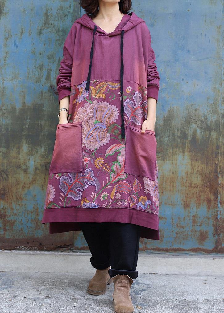 Purple Cotton Tunics Prints Long Big Pockets Dress