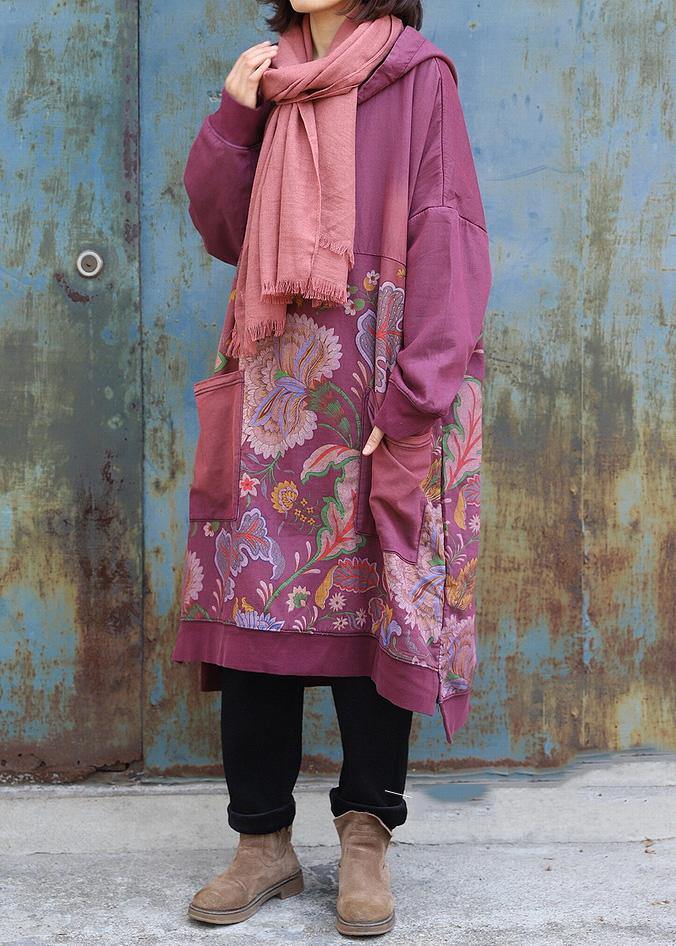 Purple Cotton Tunics Prints Long Big Pockets Dress