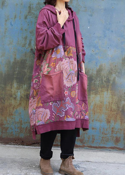 Purple Cotton Tunics Prints Long Big Pockets Dress