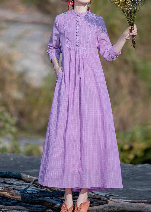 Purple Plaid Dress Stand Collar Pockets a Line Spring Dress