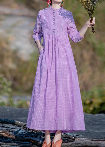 Purple Plaid Dress Stand Collar Pockets a Line Spring Dress