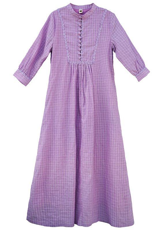 Purple Plaid Dress Stand Collar Pockets a Line Spring Dress