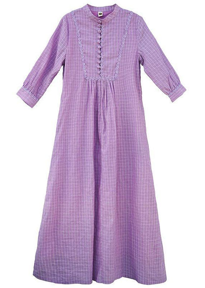 Purple Plaid Dress Stand Collar Pockets a Line Spring Dress