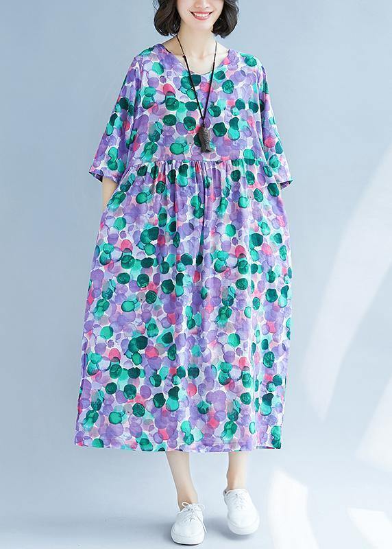 Purple Prints Cotton Linen Quilting Dresses Cinched Waist Love Summer Dress