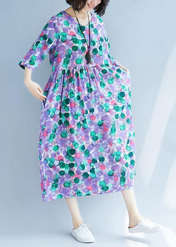 Purple Prints Cotton Linen Quilting Dresses Cinched Waist Love Summer Dress