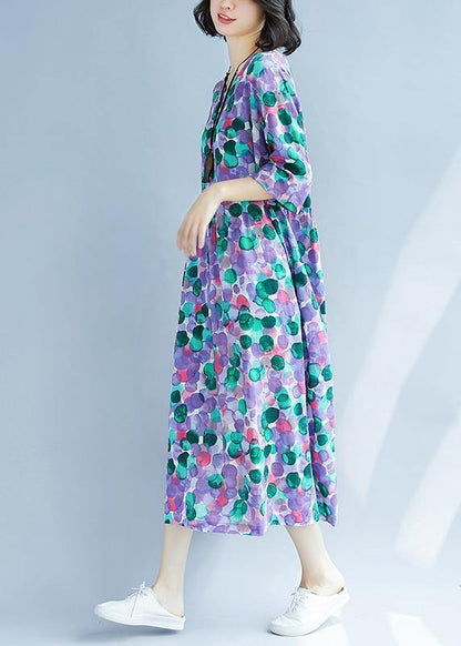 Purple Prints Cotton Linen Quilting Dresses Cinched Waist Love Summer Dress