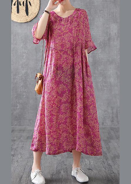 Purple Red Print Chiffon Dress O Neck Petal Sleeve Loose Summer Dress