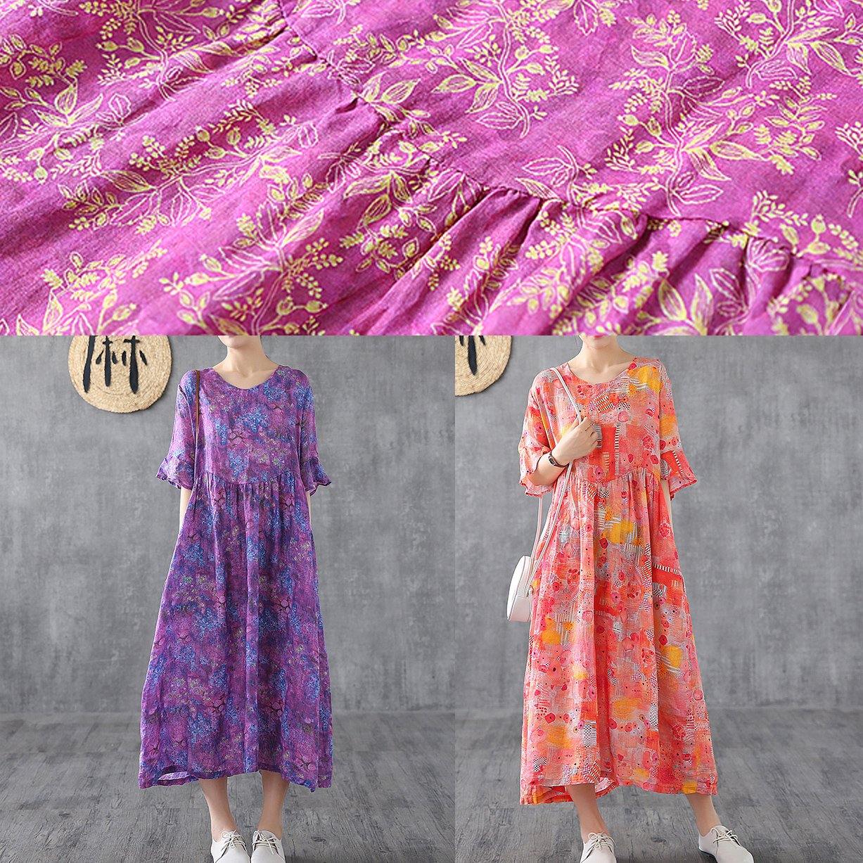 Purple Red Print Chiffon Dress O Neck Petal Sleeve Loose Summer Dress