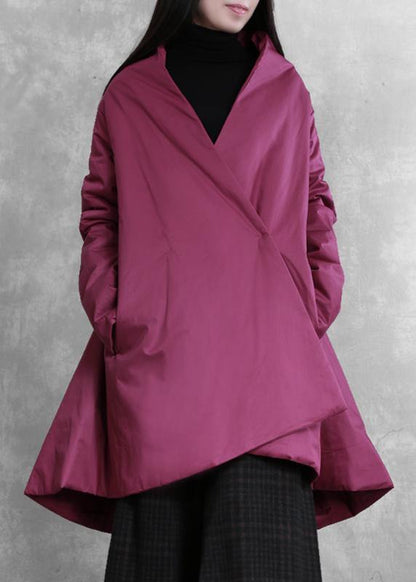 Purple Winter Outwear Snow V Neck Asymmetric Coats